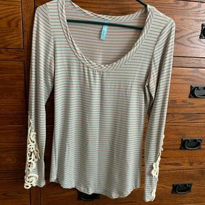 Blue and orange stripped shirt with lace sleeves